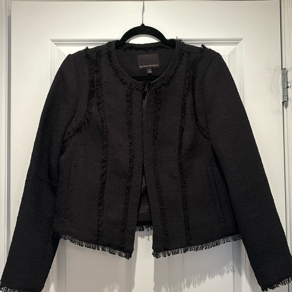 Banana Republic Black Tweed Fringe Detail Black Jacket